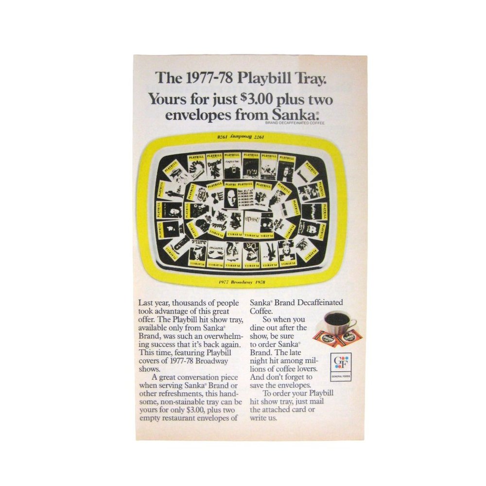 Sanka Coffee Playbill Tray 1977 1978 Vintage Print Ad 9 in Tall Broadway Shows